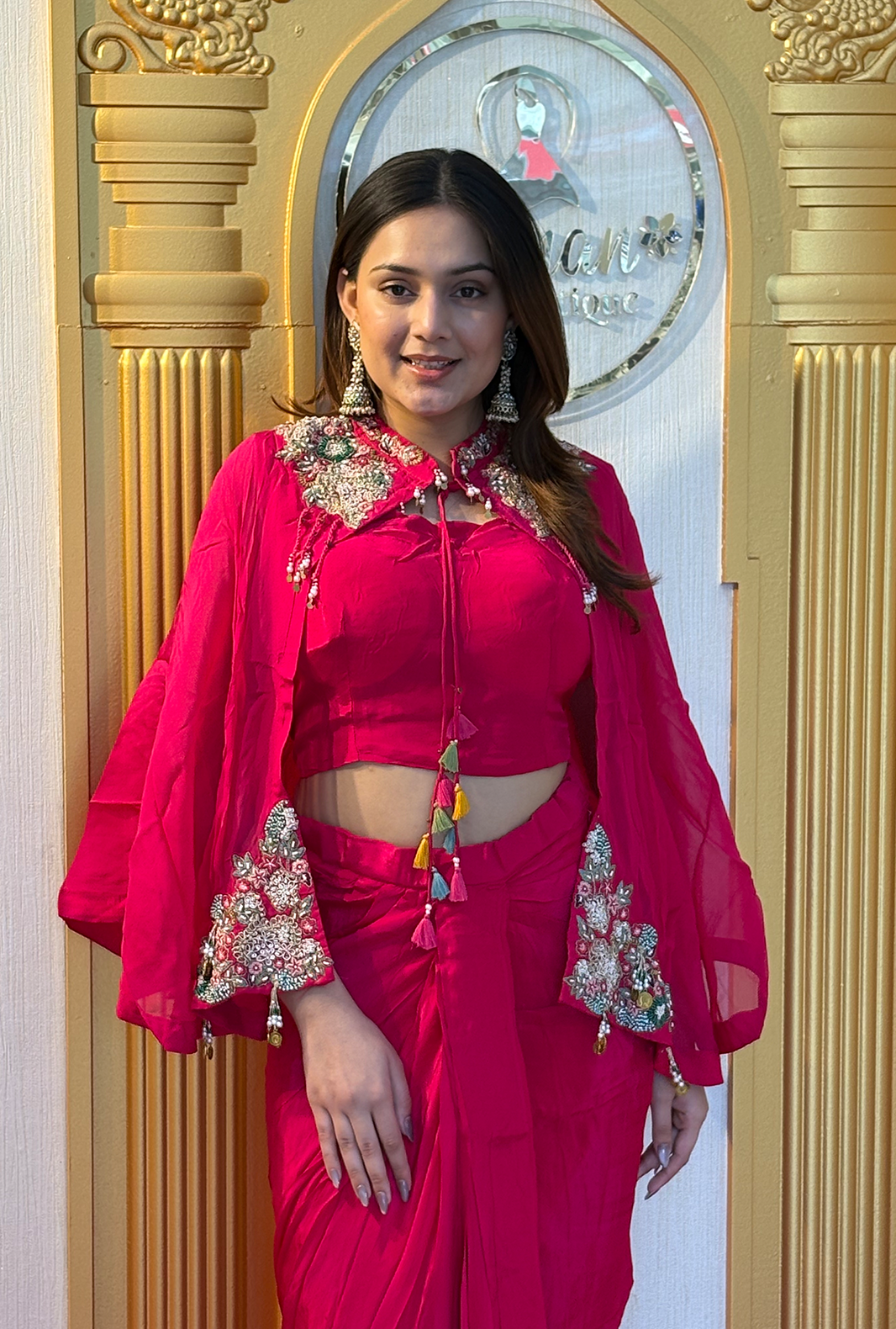 Heavily Embroidered Chinon Silk Sharara Set in Deep Red