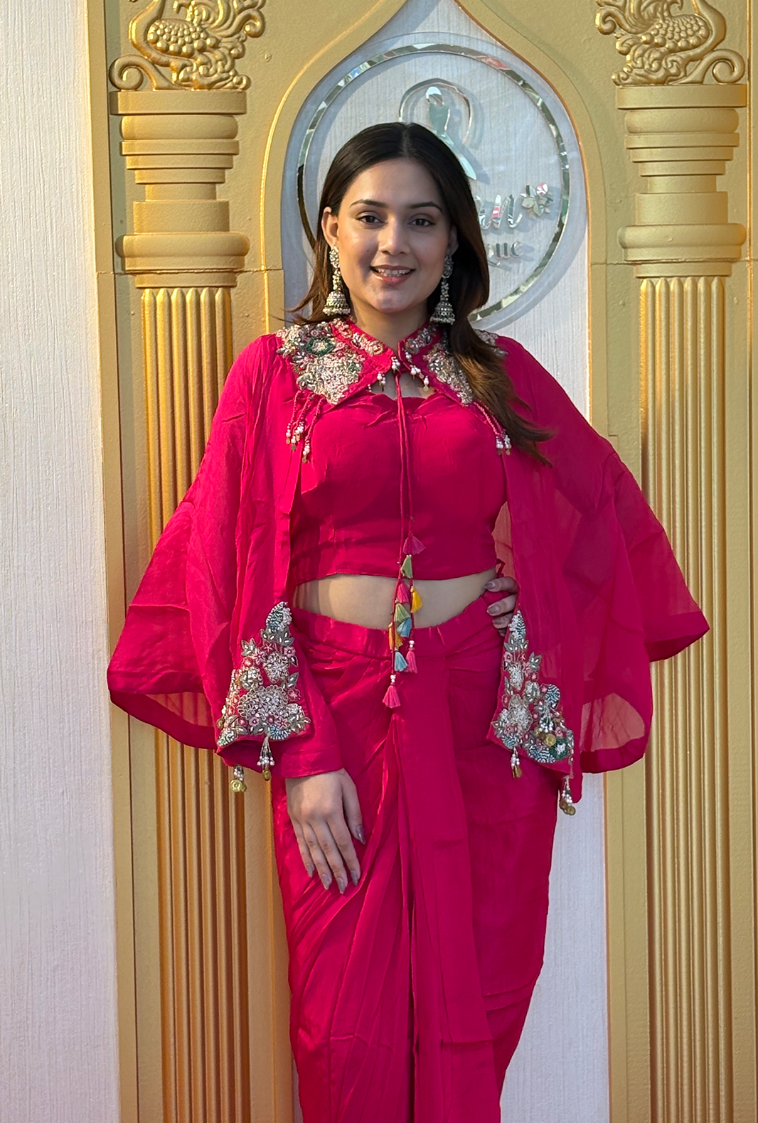 Heavily Embroidered Chinon Silk Sharara Set in Deep Red Secondary image