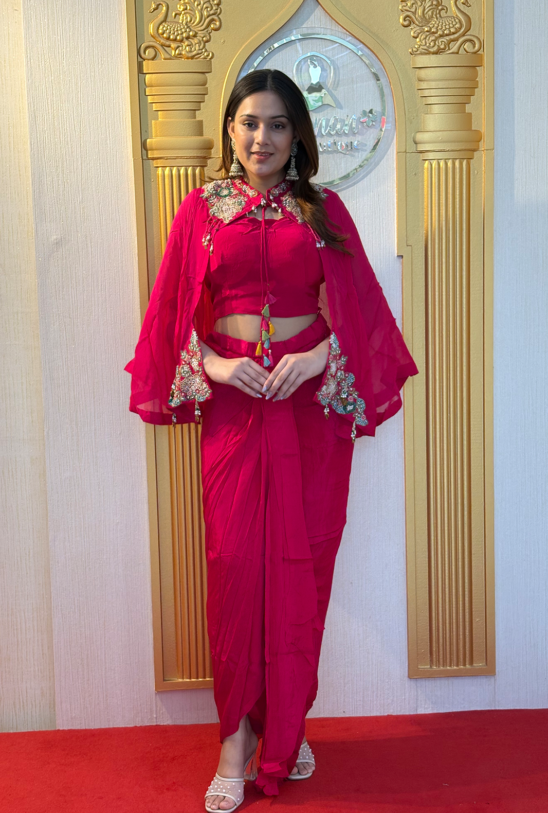 Heavily Embroidered Chinon Silk Sharara Set in Deep Red