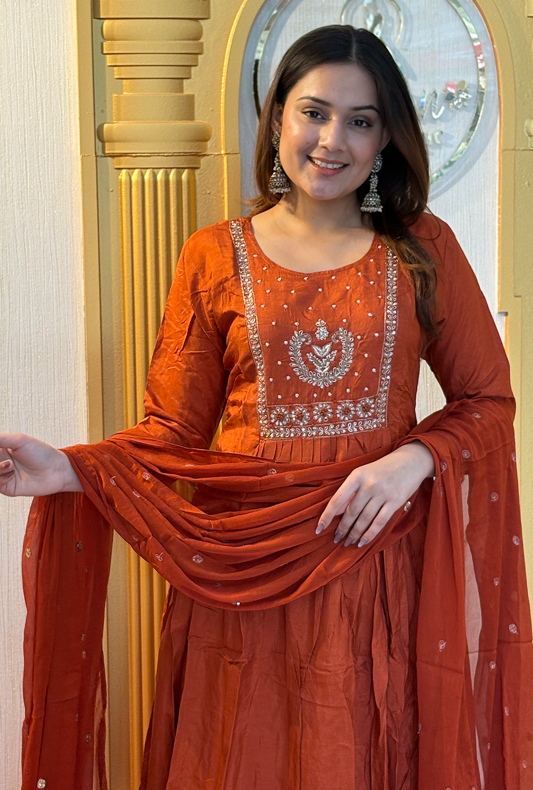 Saffron Glow: Lucknowi Embroidered Georgette Anarkali Gown