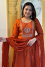 Saffron Glow: Lucknowi Embroidered Georgette Anarkali Gown