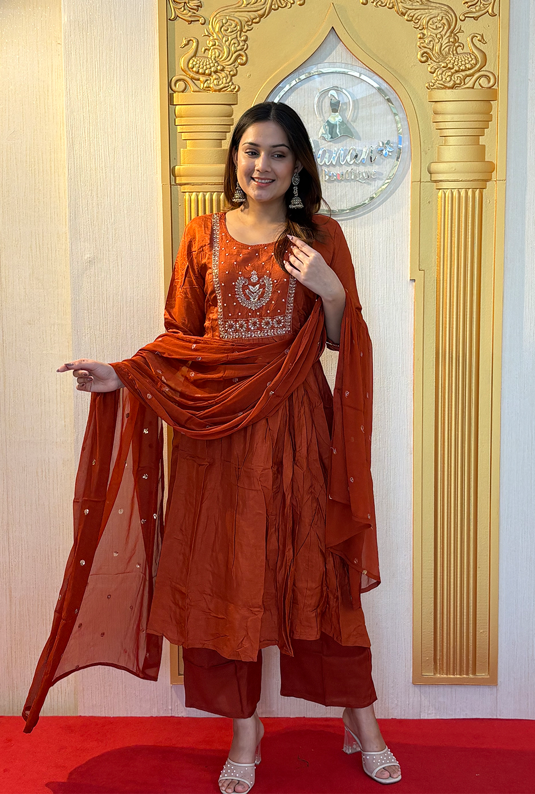 Saffron Glow: Lucknowi Embroidered Georgette Anarkali Gown Secondary image