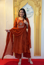 Saffron Glow: Lucknowi Embroidered Georgette Anarkali Gown
