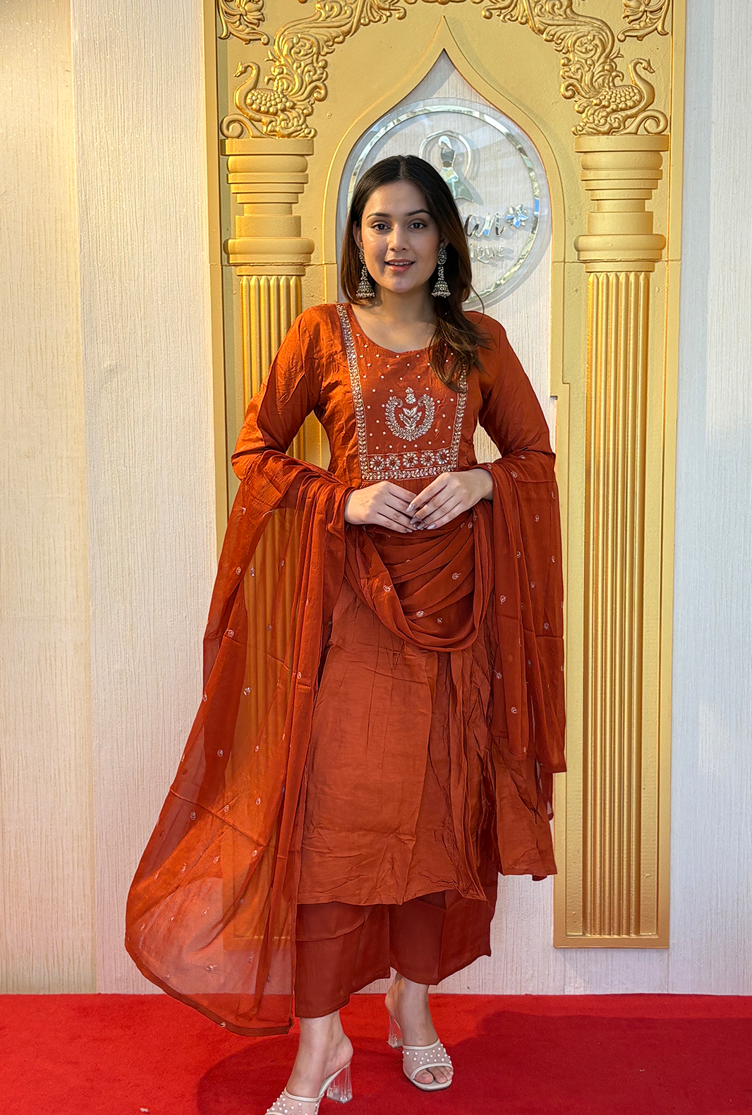 Saffron Glow: Lucknowi Embroidered Georgette Anarkali Gown