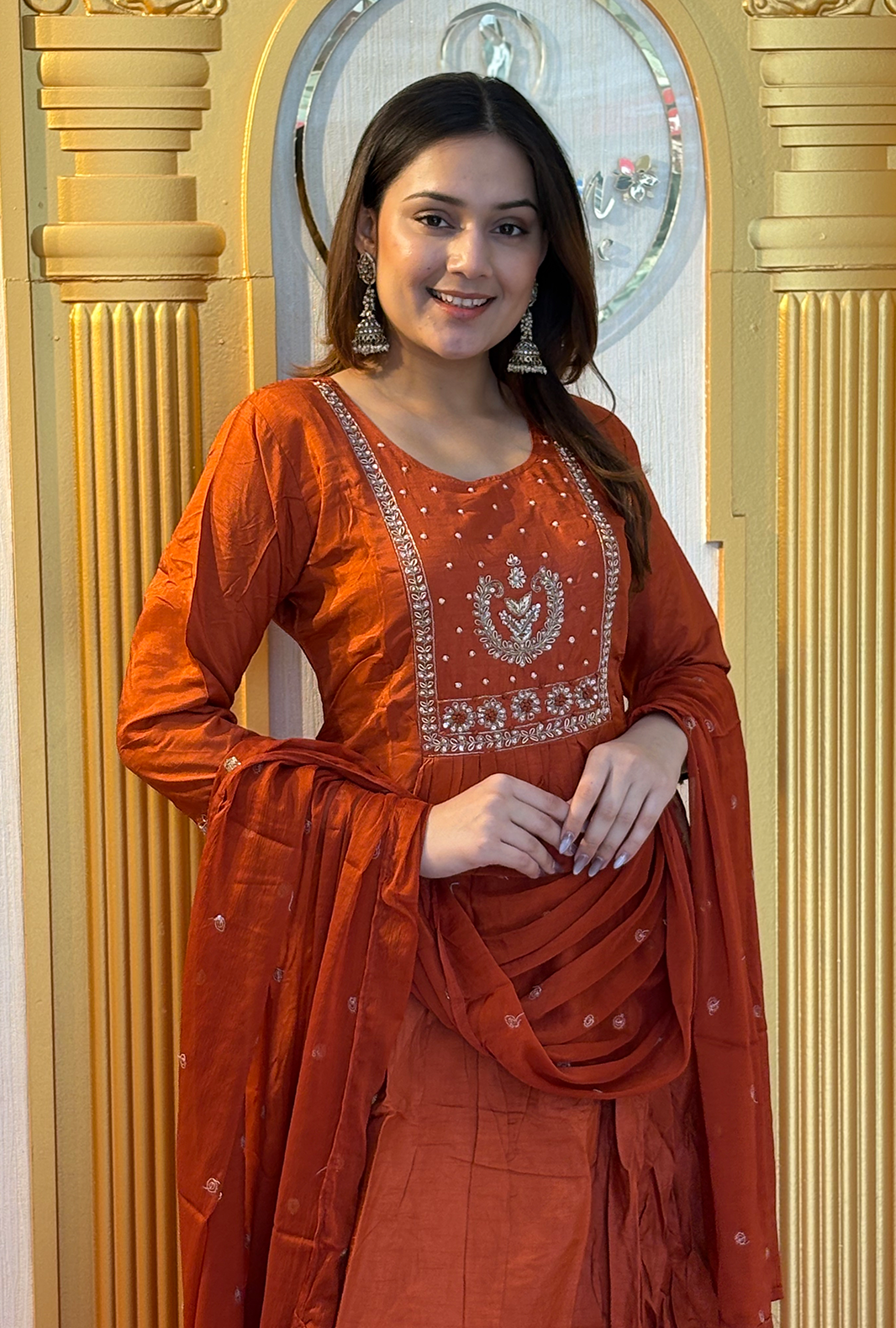 Saffron Glow: Lucknowi Embroidered Georgette Anarkali Gown