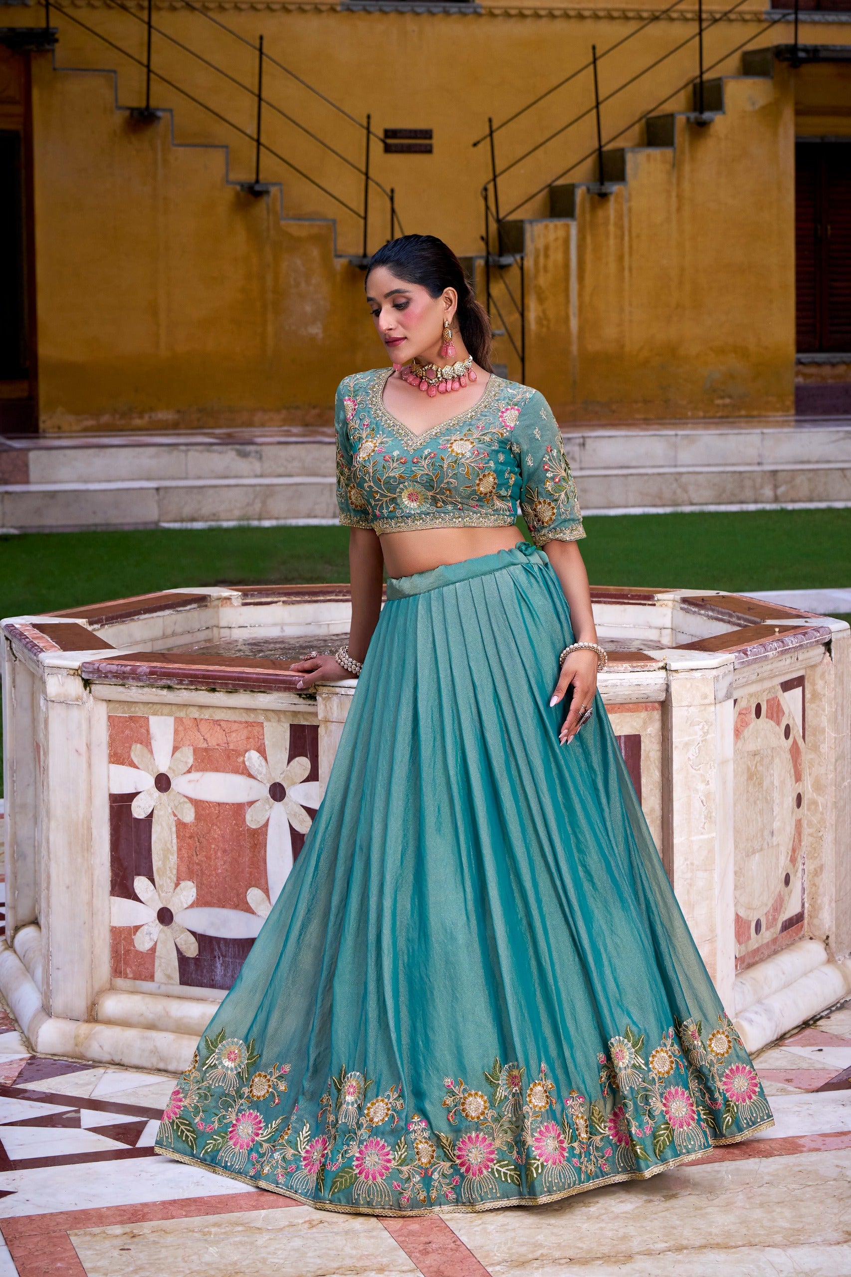 Sea Green Georgette Chaniya Choli with Intricate Floral Resham & Zardosi Embroidery