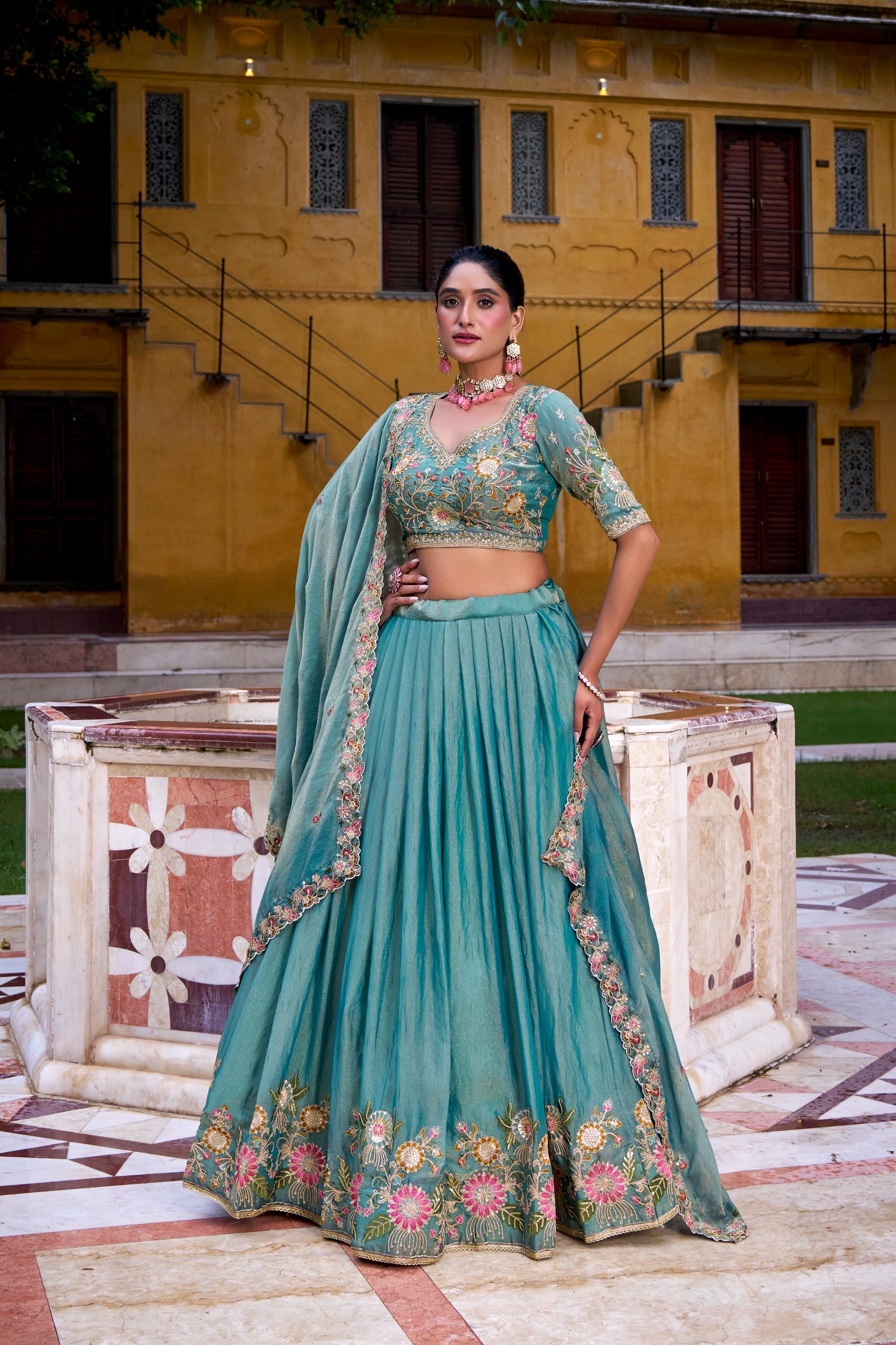 Sea Green Georgette Chaniya Choli with Intricate Floral Resham & Zardosi Embroidery Secondary image