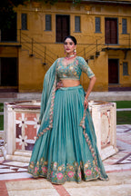 Sea Green Georgette Chaniya Choli with Intricate Floral Resham & Zardosi Embroidery