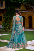 Sea Green Georgette Chaniya Choli with Intricate Floral Resham & Zardosi Embroidery