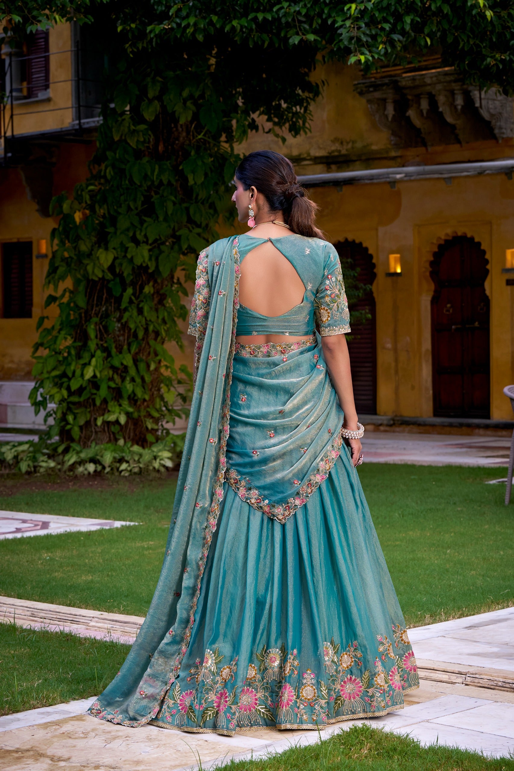 Sea Green Georgette Chaniya Choli with Intricate Floral Resham & Zardosi Embroidery