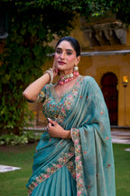 Sea Green Georgette Chaniya Choli with Intricate Floral Resham & Zardosi Embroidery