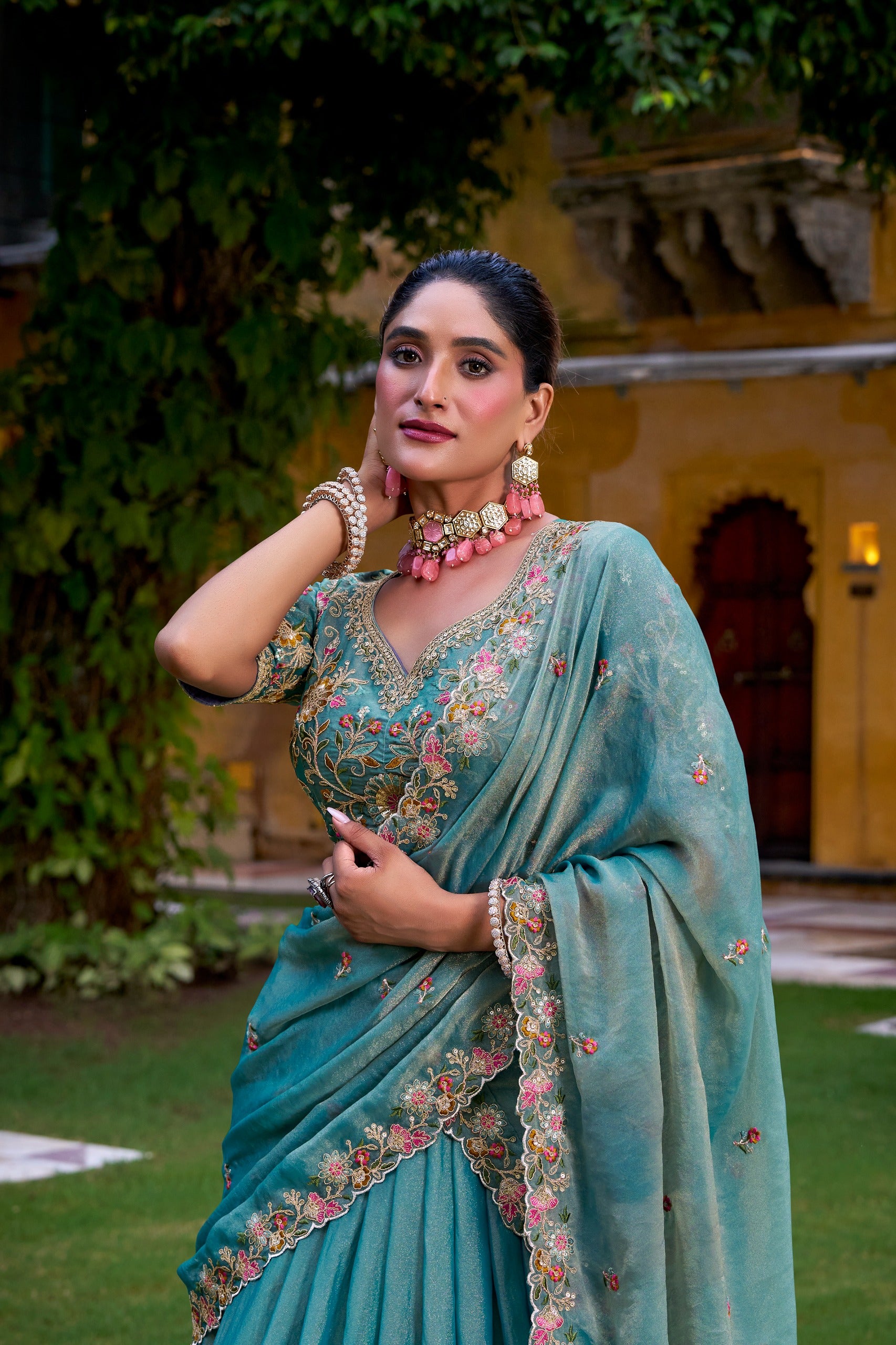 Sea Green Georgette Chaniya Choli with Intricate Floral Resham & Zardosi Embroidery