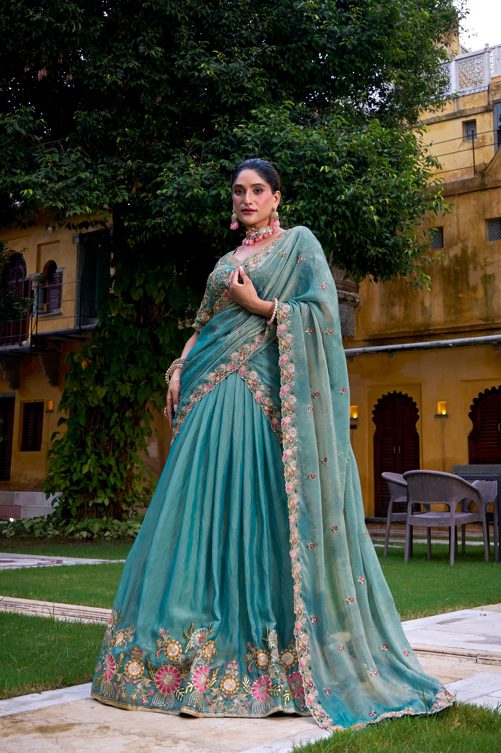 Sea Green Georgette Chaniya Choli with Intricate Floral Resham & Zardosi Embroidery