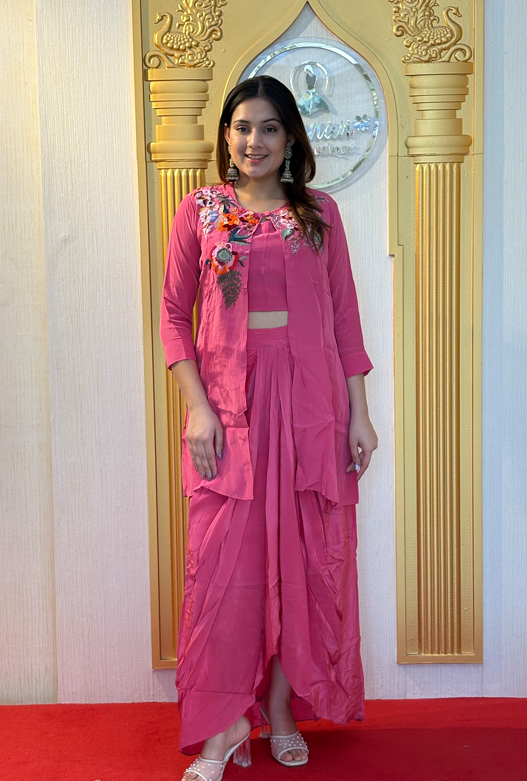 Rose Petal: Lucknowi Embroidered Georgette Anarkali Gown Main image