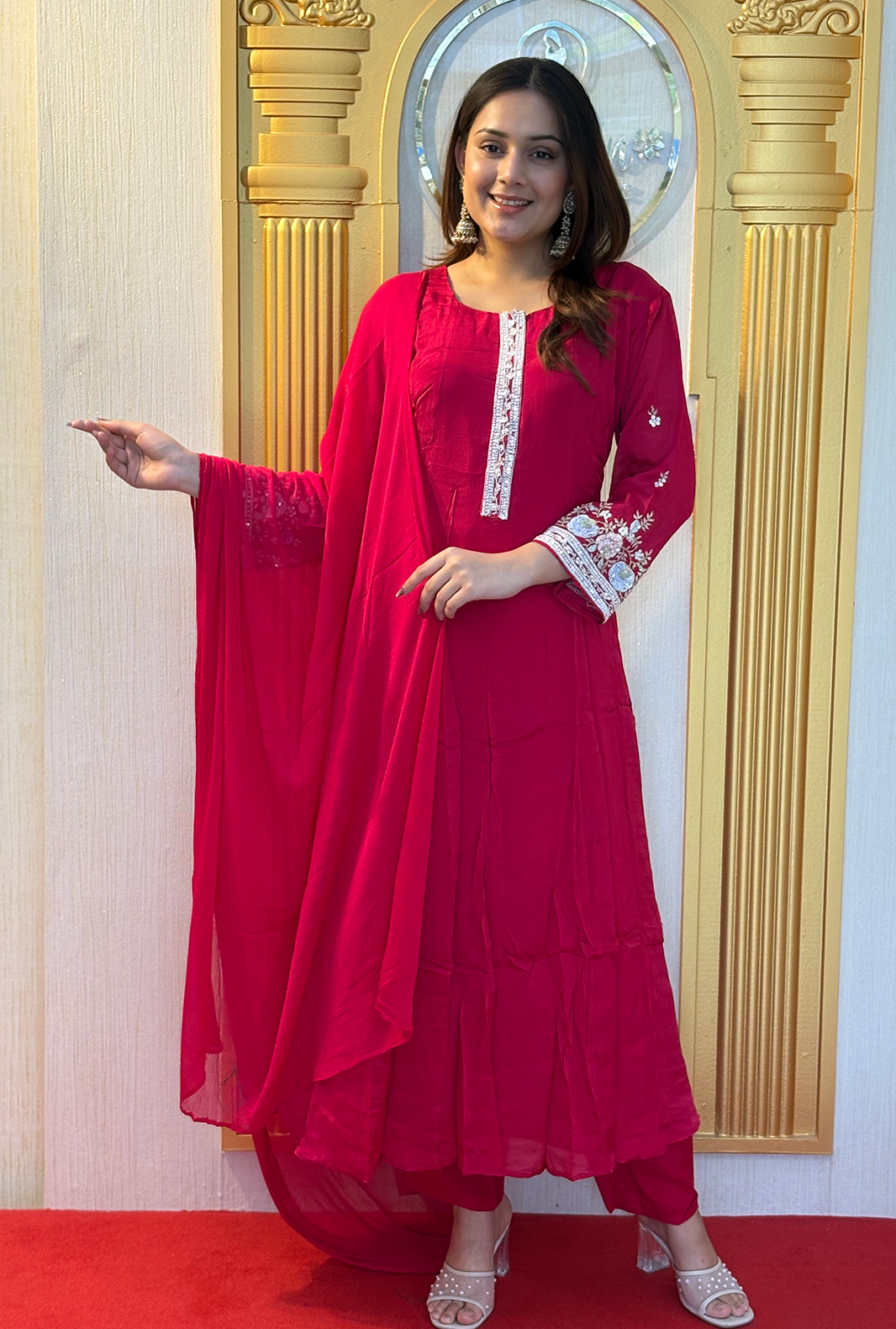 Ruby Radiance: Embroidered Georgette Sharara Set in Festive Red Main image