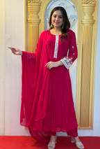 Ruby Radiance: Embroidered Georgette Sharara Set in Festive Red