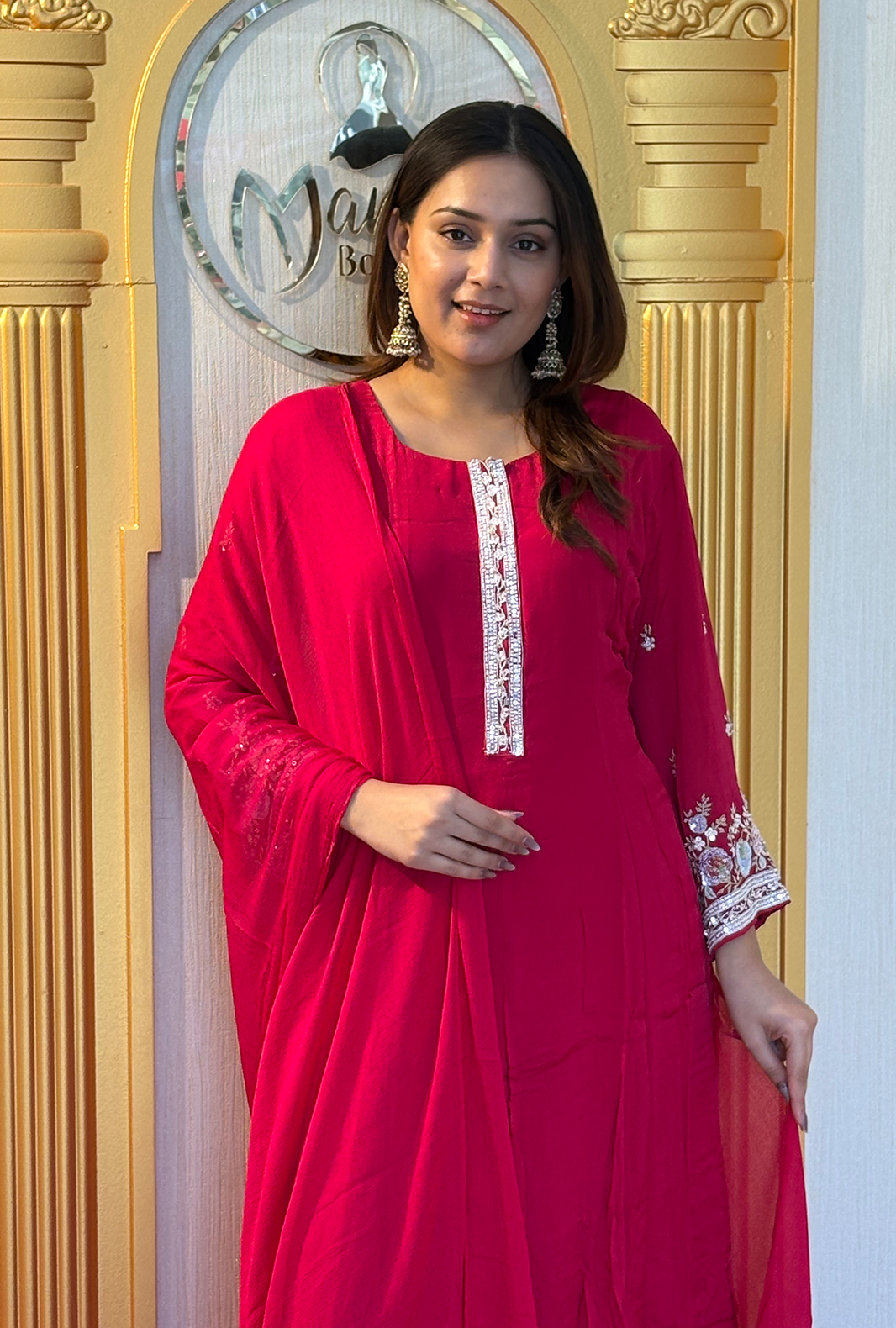 Ruby Radiance: Embroidered Georgette Sharara Set in Festive Red