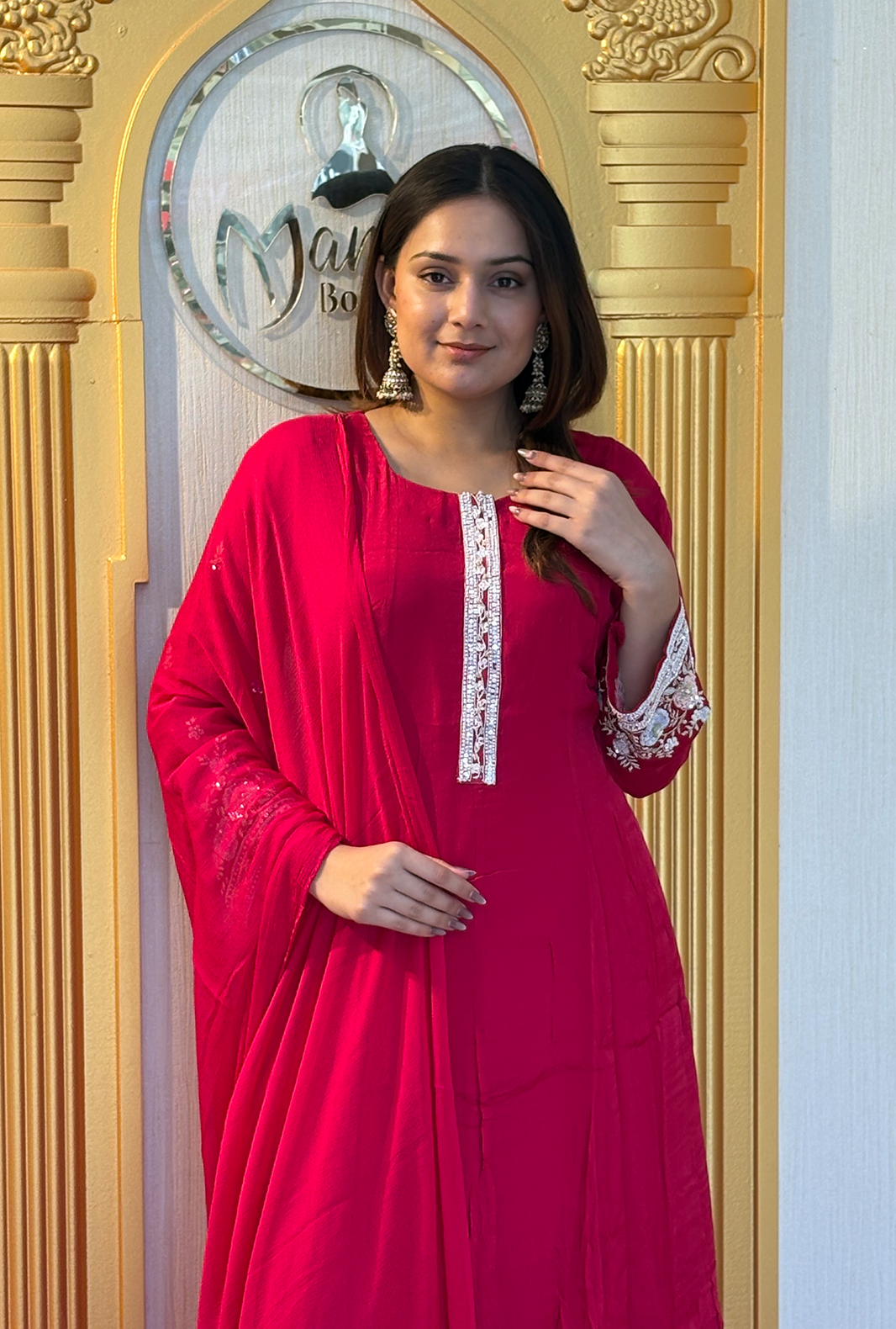 Ruby Radiance: Embroidered Georgette Sharara Set in Festive Red