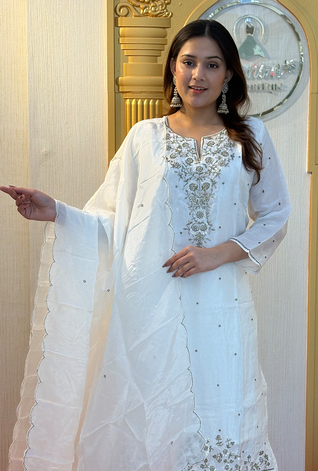 Ivory Elegance: Embroidered Viscose Silk Salwar Suit – Milky White