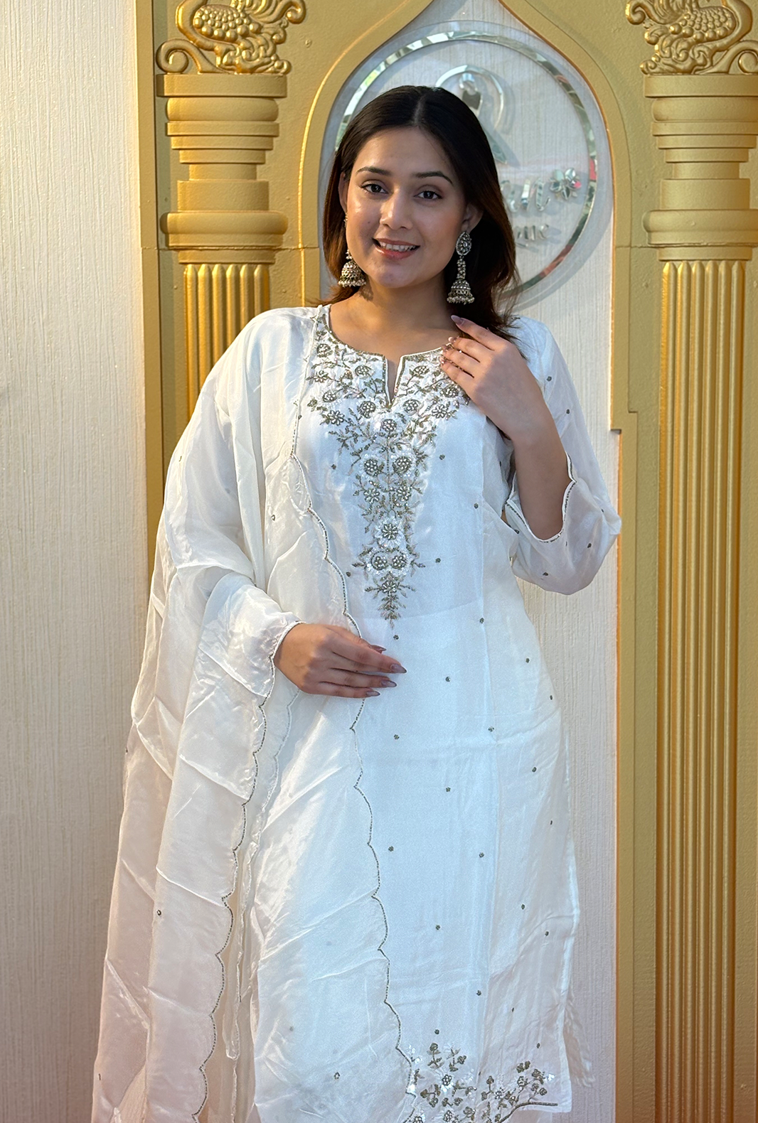 Ivory Elegance: Embroidered Viscose Silk Salwar Suit – Milky White