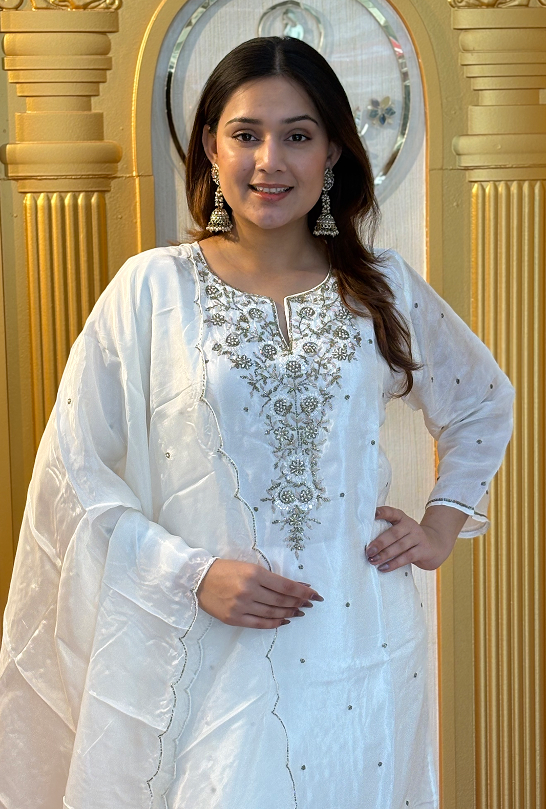 Ivory Elegance: Embroidered Viscose Silk Salwar Suit – Milky White