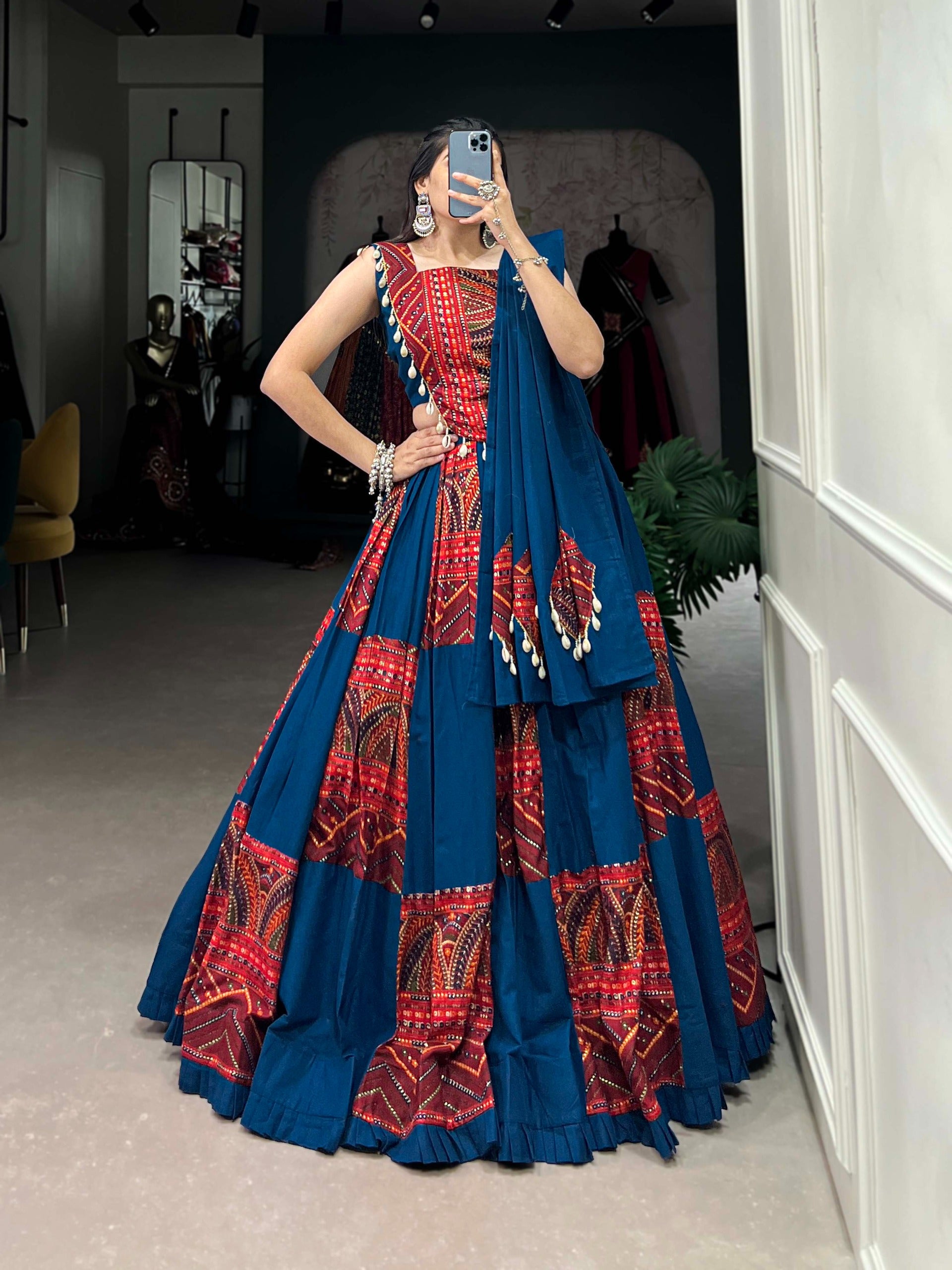 Pure Cotton Festive Lehenga Choli – 6 Meter Flair with Cowrie (Kodi) Work