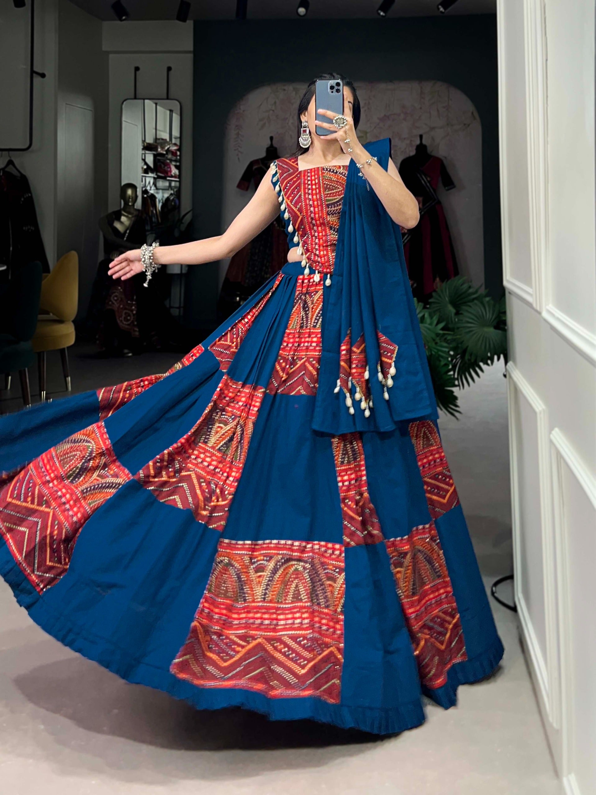Pure Cotton Festive Lehenga Choli – 6 Meter Flair with Cowrie (Kodi) Work