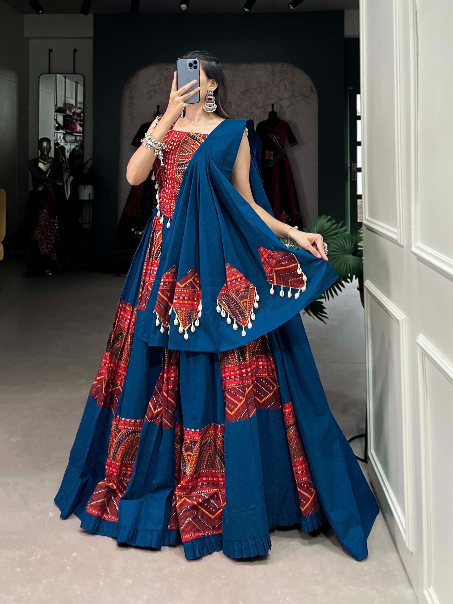 Pure Cotton Festive Lehenga Choli – 6 Meter Flair with Cowrie (Kodi) Work