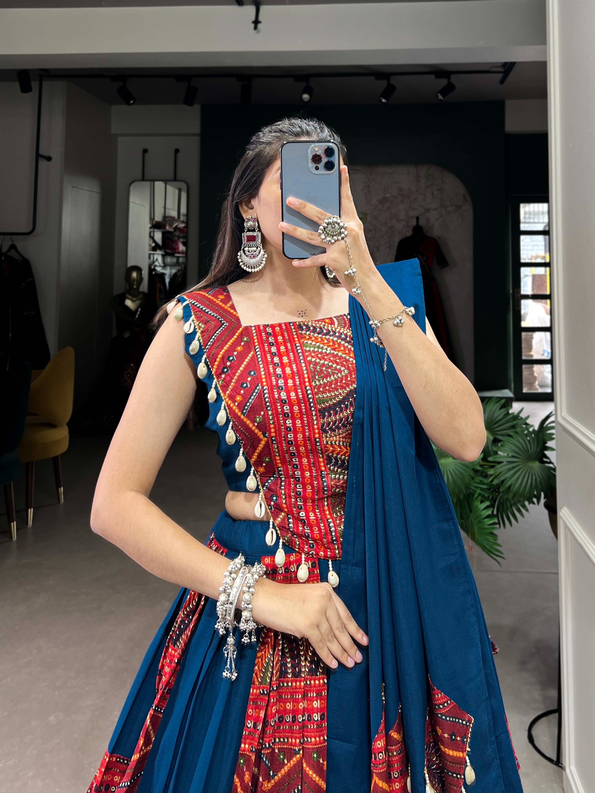 Pure Cotton Festive Lehenga Choli – 6 Meter Flair with Cowrie (Kodi) Work