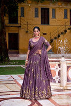 Royal Mauve Silk Chaniya Choli with Ornate Gold Zari & Floral Vine Embroidery