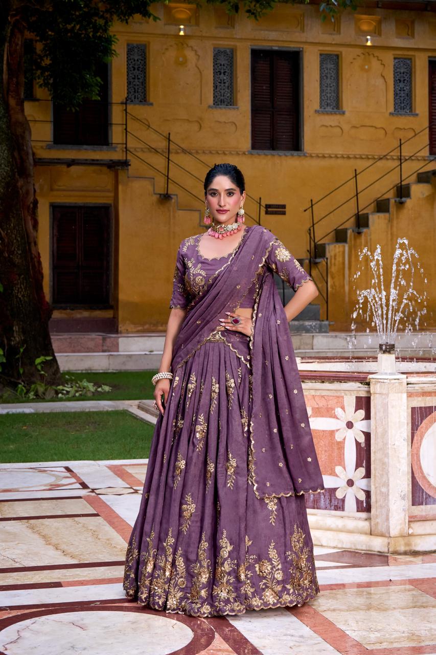 Royal Mauve Silk Chaniya Choli with Ornate Gold Zari & Floral Vine Embroidery