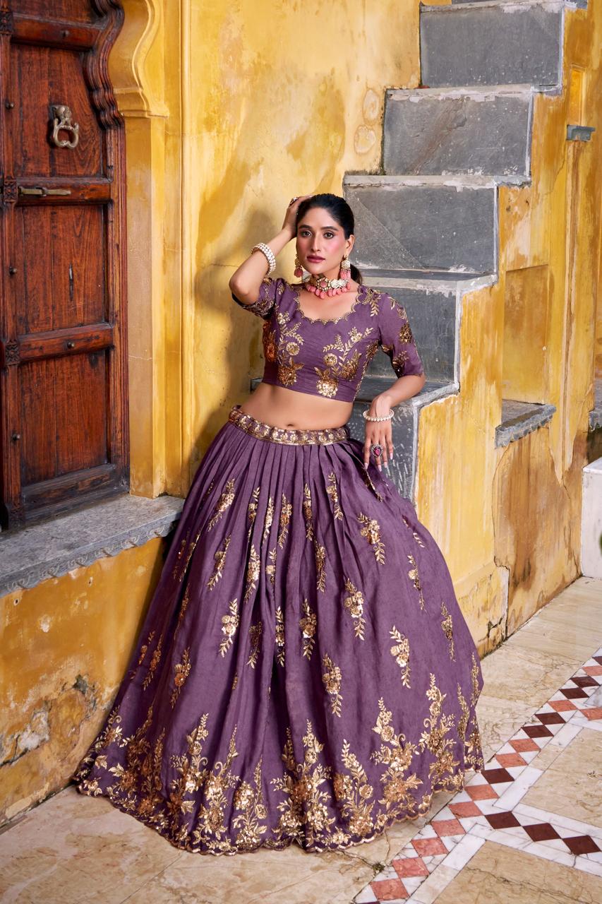 Royal Mauve Silk Chaniya Choli with Ornate Gold Zari & Floral Vine Embroidery Secondary image