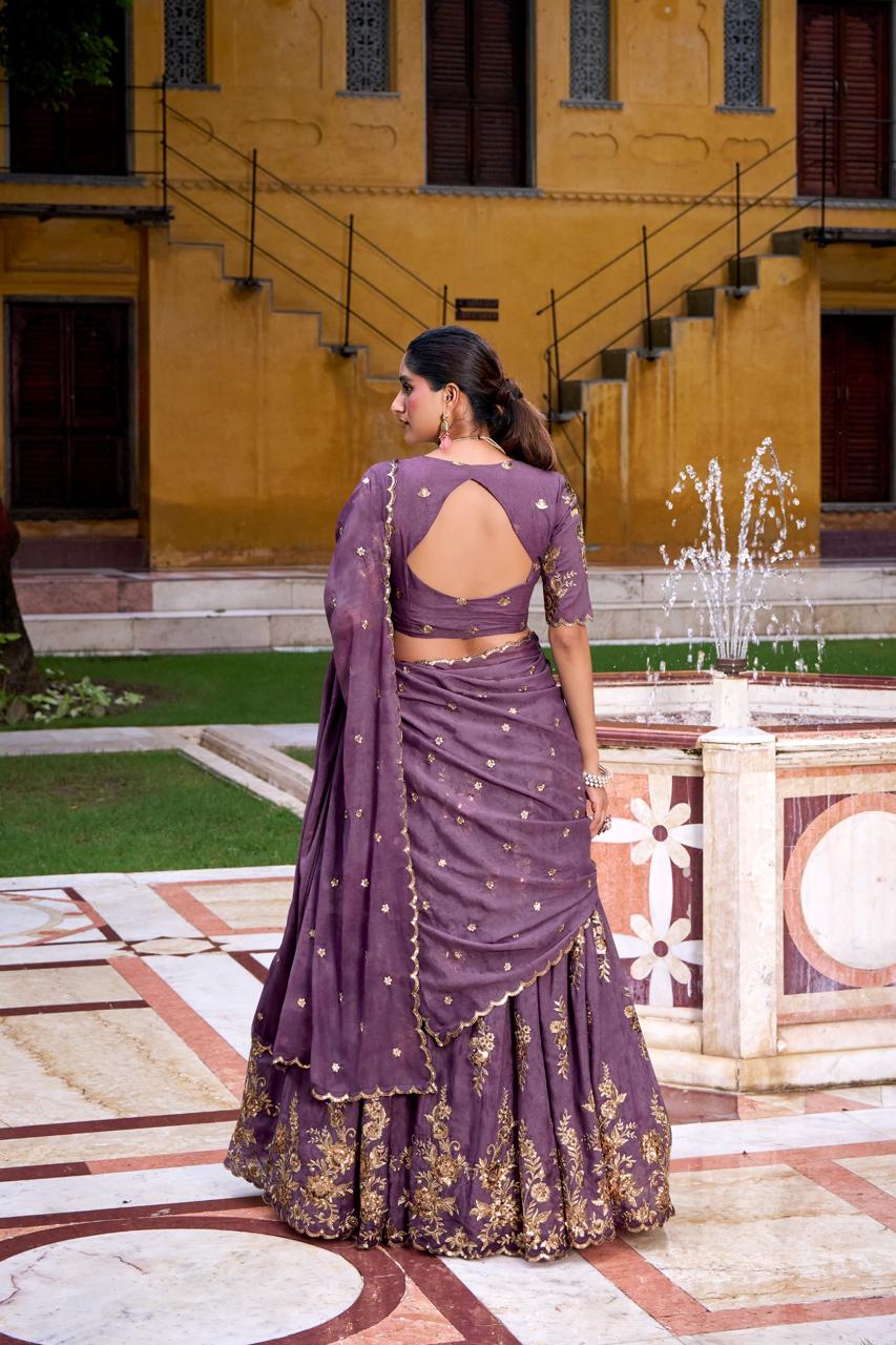Royal Mauve Silk Chaniya Choli with Ornate Gold Zari & Floral Vine Embroidery