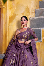 Royal Mauve Silk Chaniya Choli with Ornate Gold Zari & Floral Vine Embroidery