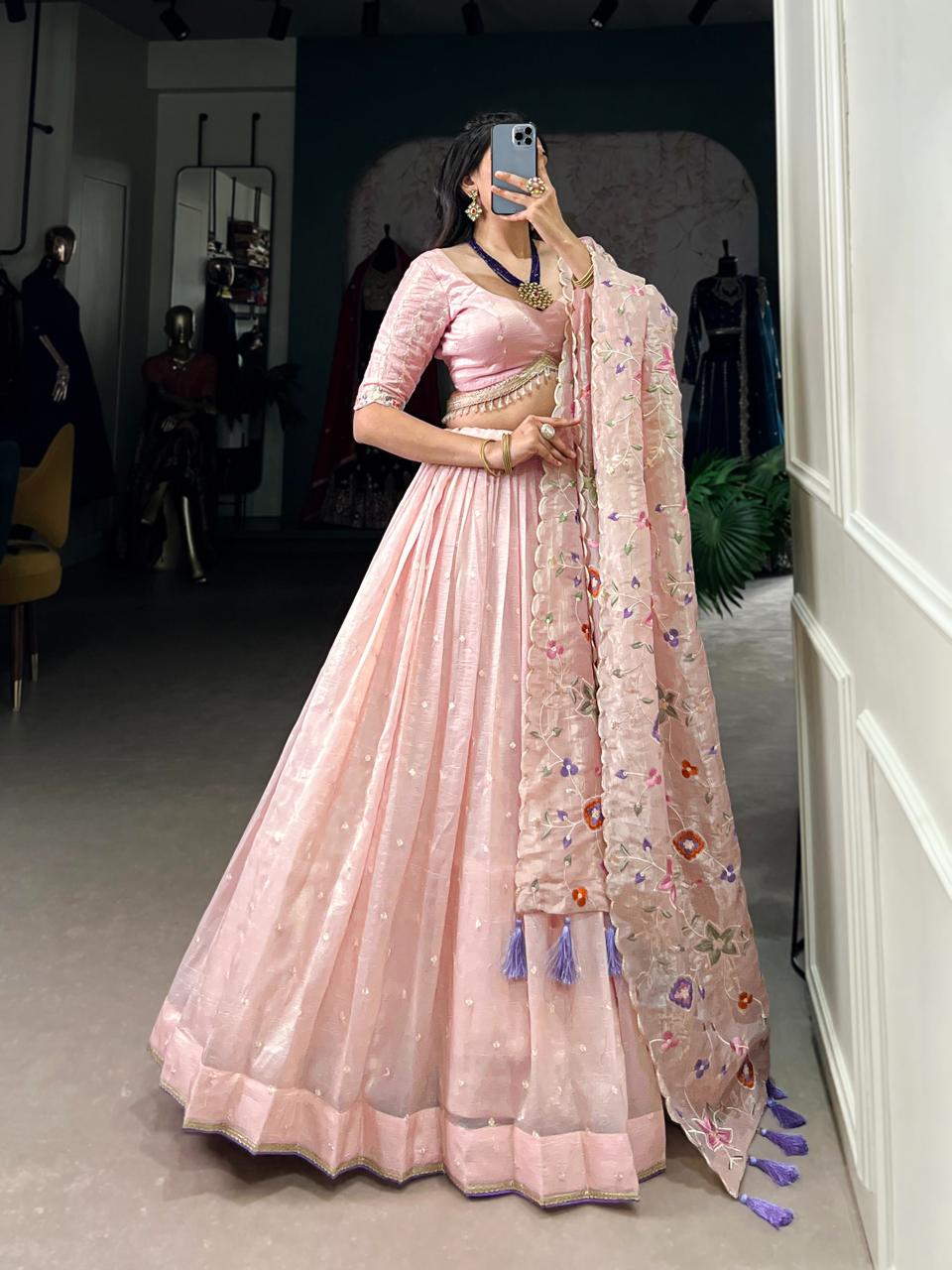 Charming Baby Pink Tissue Silk Chaniya Choli with Pastel Floral Saree Drape