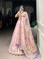 Charming Baby Pink Tissue Silk Chaniya Choli with Pastel Floral Saree Drape