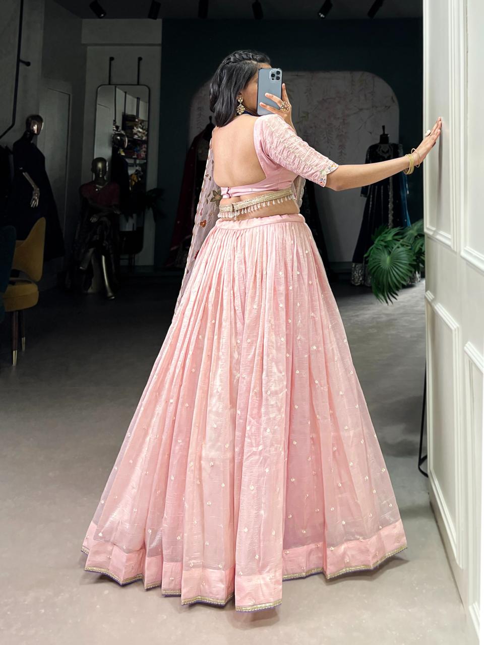 Charming Baby Pink Tissue Silk Chaniya Choli with Pastel Floral Saree Drape