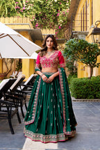 Royal Emerald Green & Hot Pink Contrast Silk Chaniya Choli with Ornate Gold Zari