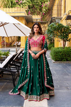 Royal Emerald Green & Hot Pink Contrast Silk Chaniya Choli with Ornate Gold Zari