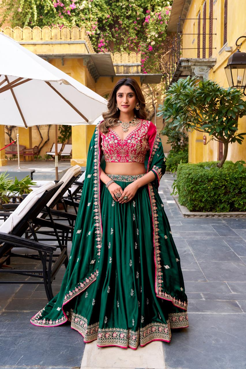 Royal Emerald Green & Hot Pink Contrast Silk Chaniya Choli with Ornate Gold Zari