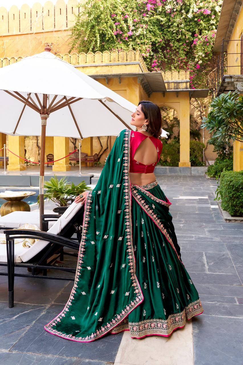 Royal Emerald Green & Hot Pink Contrast Silk Chaniya Choli with Ornate Gold Zari