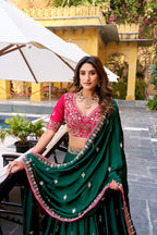 Royal Emerald Green & Hot Pink Contrast Silk Chaniya Choli with Ornate Gold Zari
