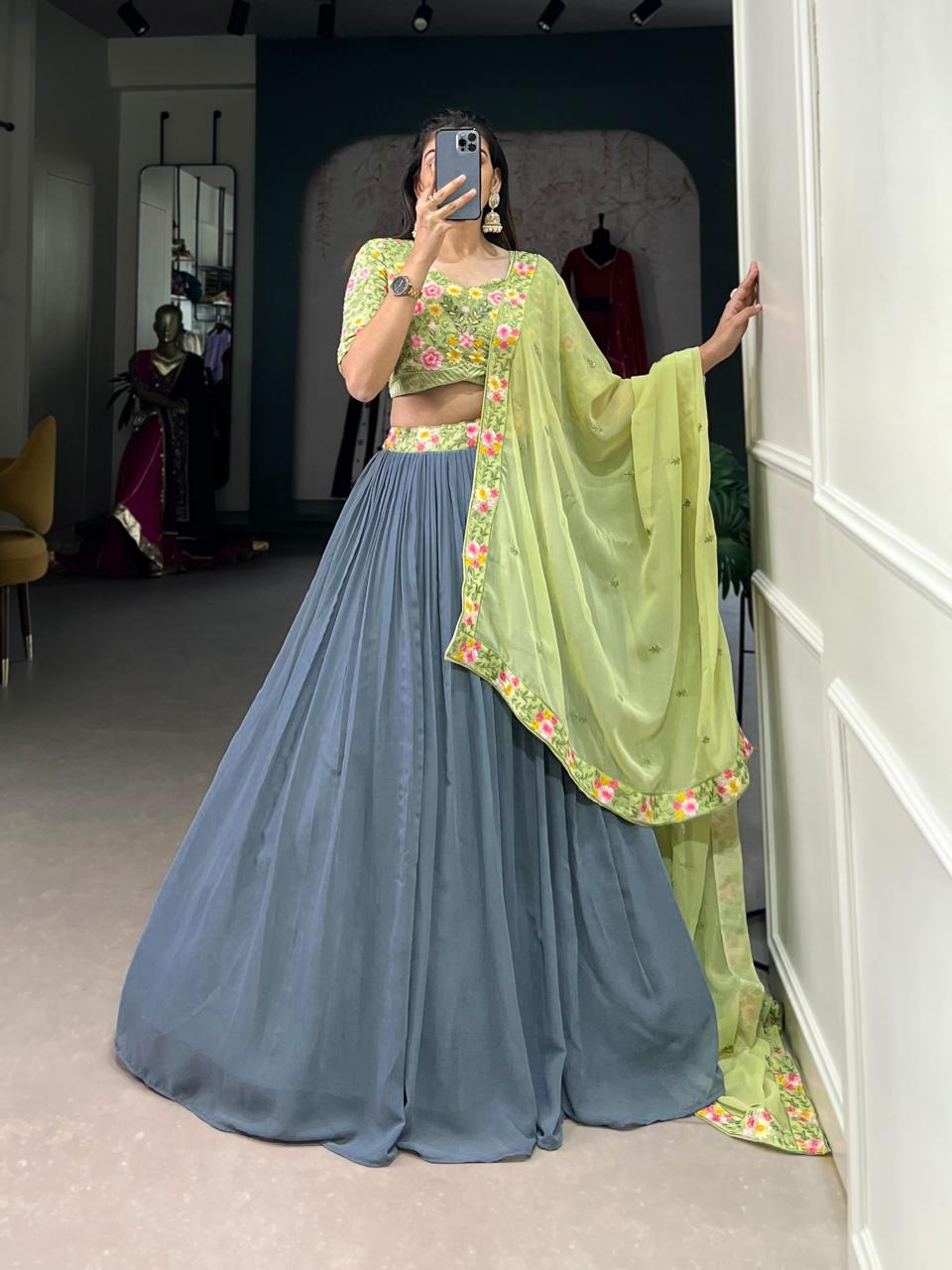 Elegant Slate Grey Georgette Chaniya Choli with Pistachio Green Floral Embroidery