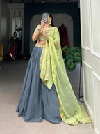 Elegant Slate Grey Georgette Chaniya Choli with Pistachio Green Floral Embroidery