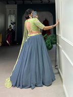 Elegant Slate Grey Georgette Chaniya Choli with Pistachio Green Floral Embroidery