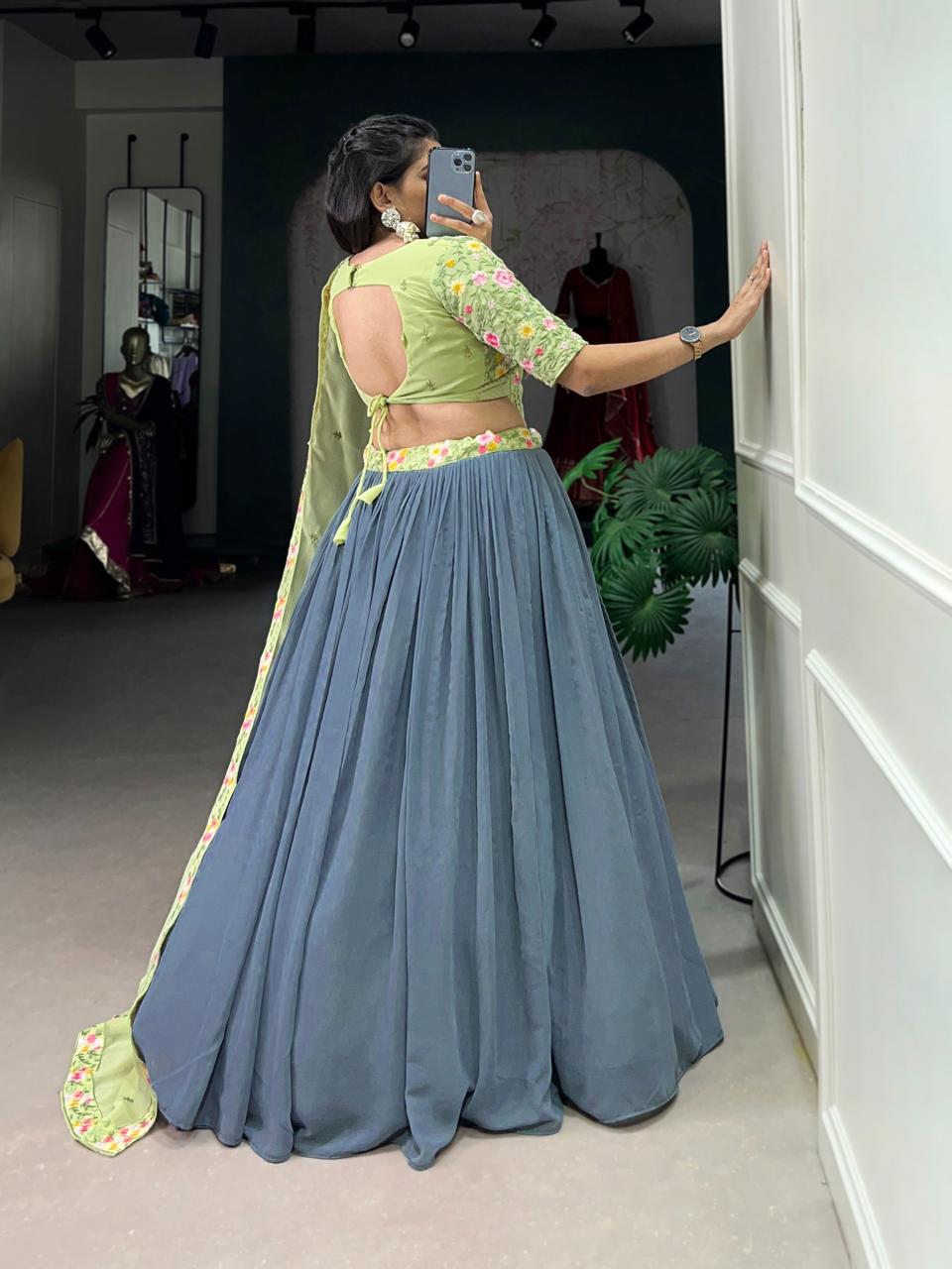 Elegant Slate Grey Georgette Chaniya Choli with Pistachio Green Floral Embroidery
