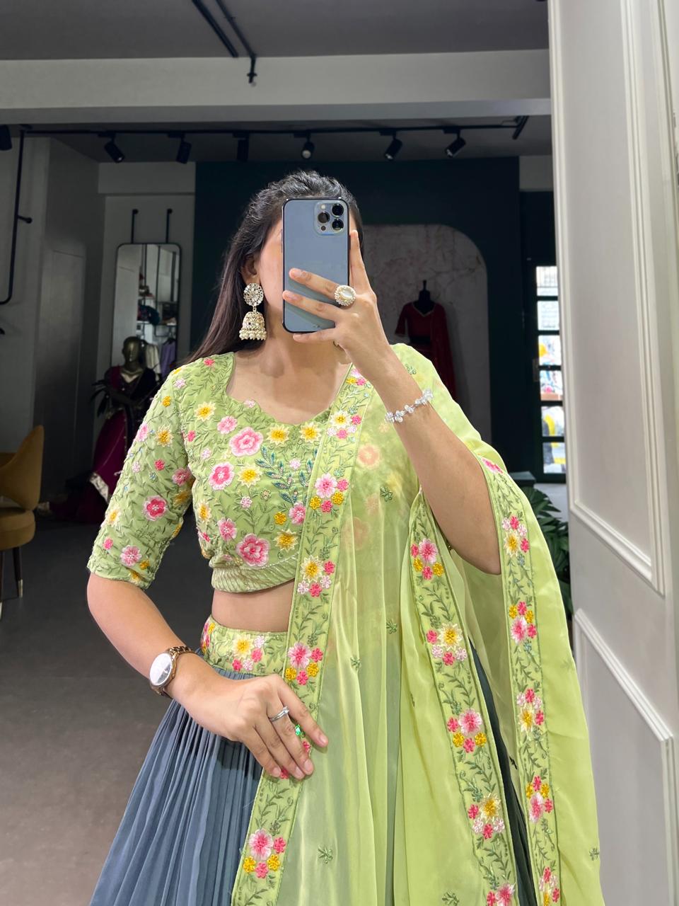 Elegant Slate Grey Georgette Chaniya Choli with Pistachio Green Floral Embroidery