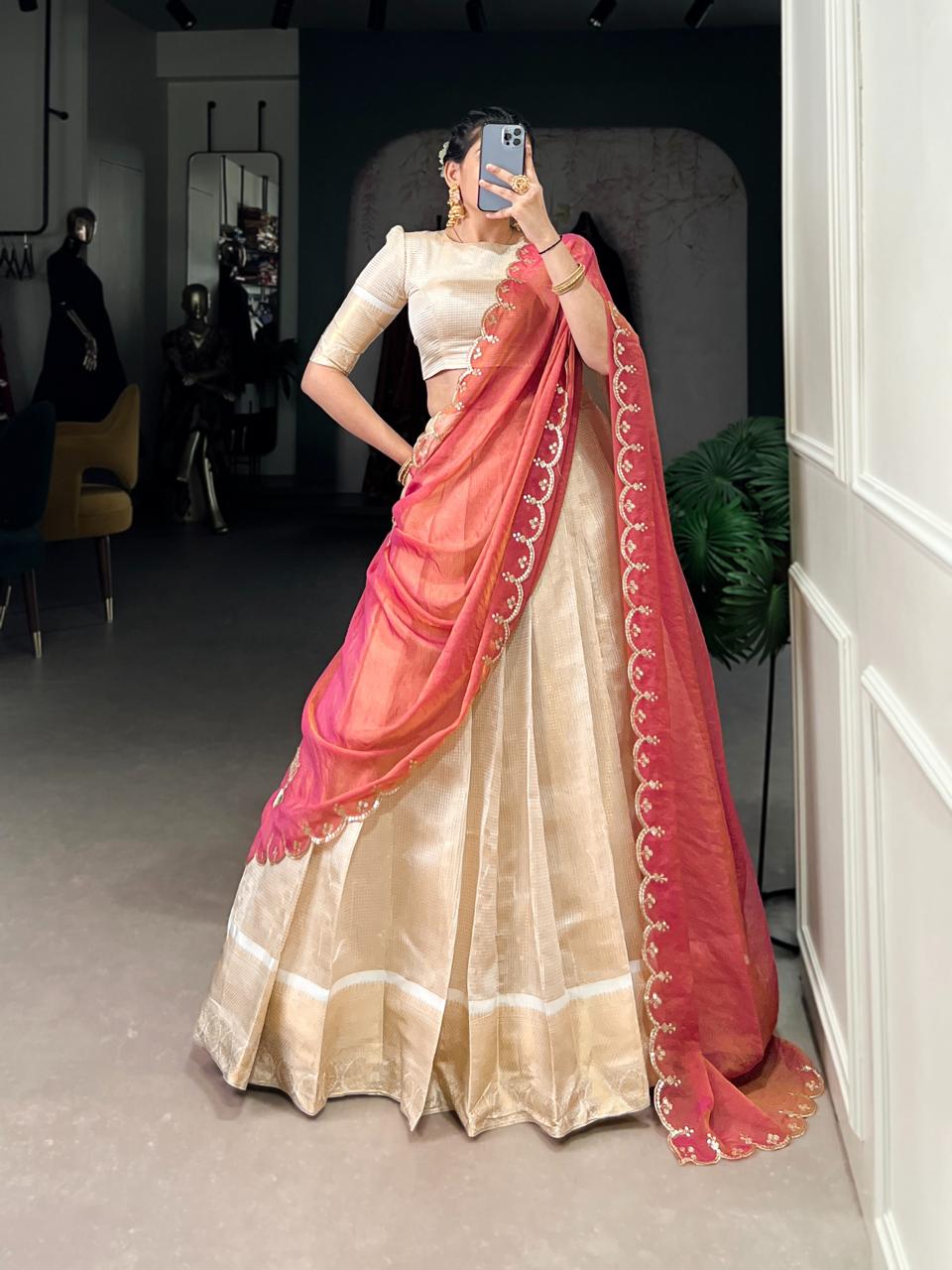Royal Ivory Tissue Chaniya Choli with Scalloped Coral Pink Saree Drape