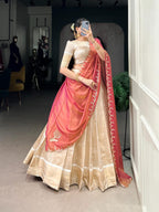 Royal Ivory Tissue Chaniya Choli with Scalloped Coral Pink Saree Drape