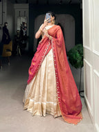 Royal Ivory Tissue Chaniya Choli with Scalloped Coral Pink Saree Drape